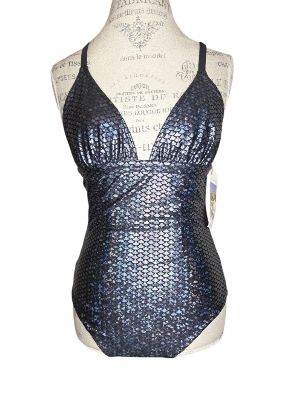 MiOla Iridescent Mermaid Scale Strappy Back Deep Plunge One Piece Swimsuit L